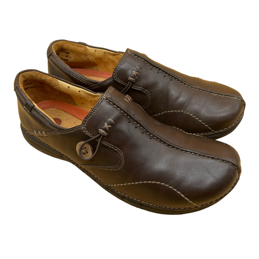 Clarks Womens Flat Shoes Brown Leather Slip On Stitching Button Split Toe 8 N